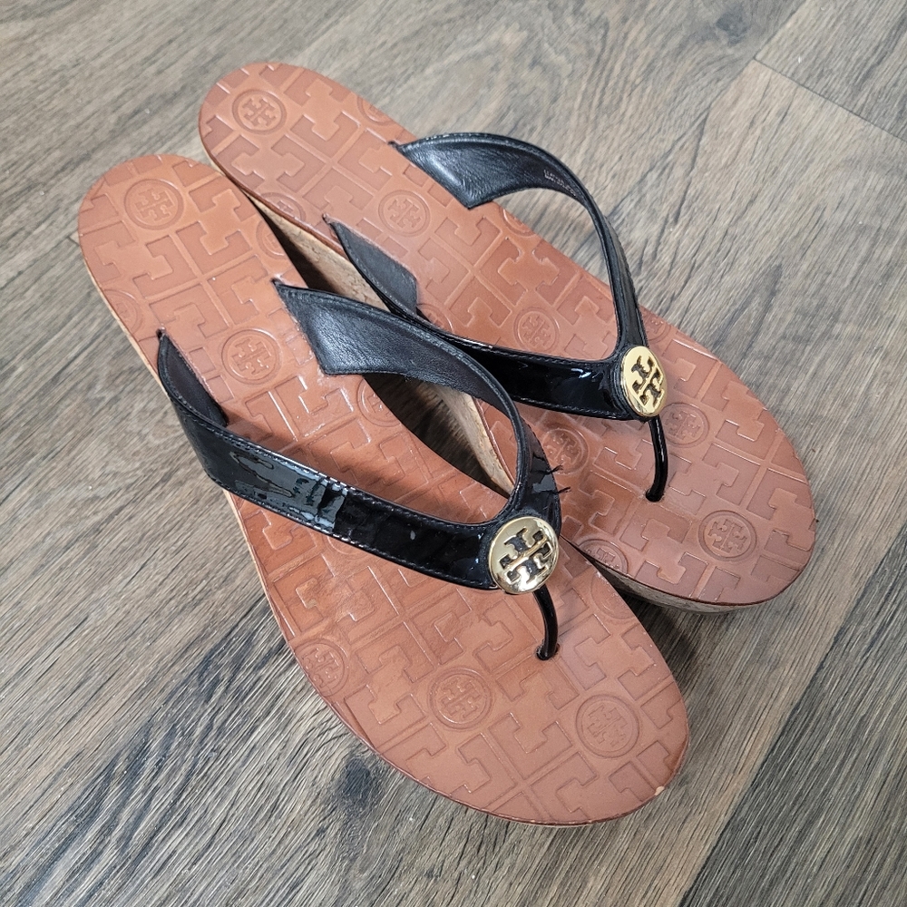 COPY - COPY - Tory Burch Thora black patent leather cork wedge sandal size 7.5M